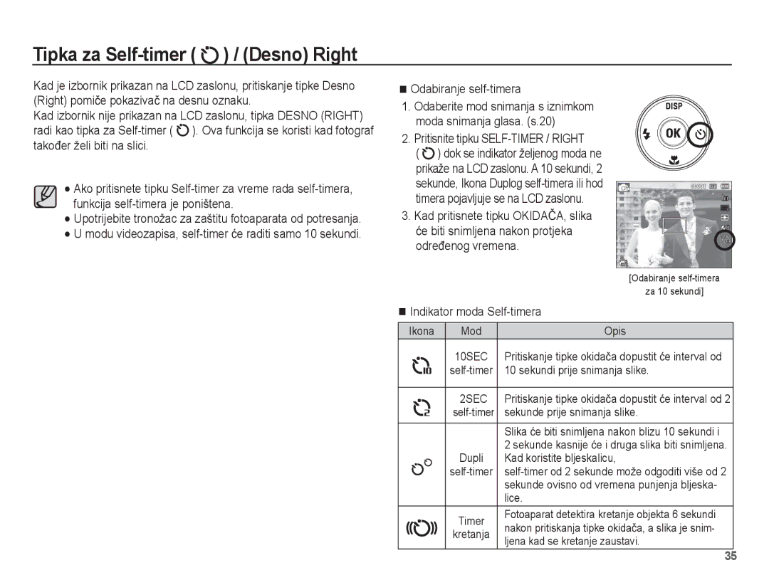 Samsung EC-PL80ZZBPBE3 Tipka za Self-timer / Desno Right, Odabiranje self-timera, Pritisnite tipku SELF-TIMER / Right 