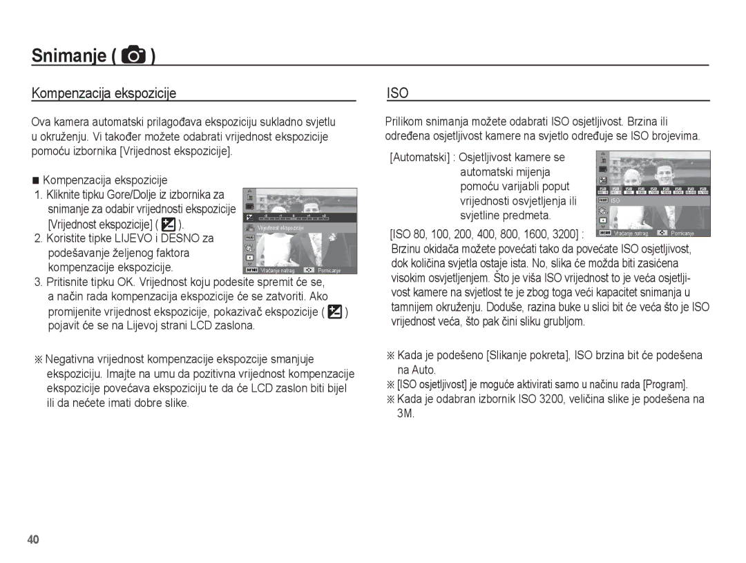 Samsung EC-PL80ZZBPLE3, EC-PL80ZZBPBE3 manual Kompenzacija ekspozicije, Svjetline predmeta, ISO 80, 100, 200, 400, 800, 1600 