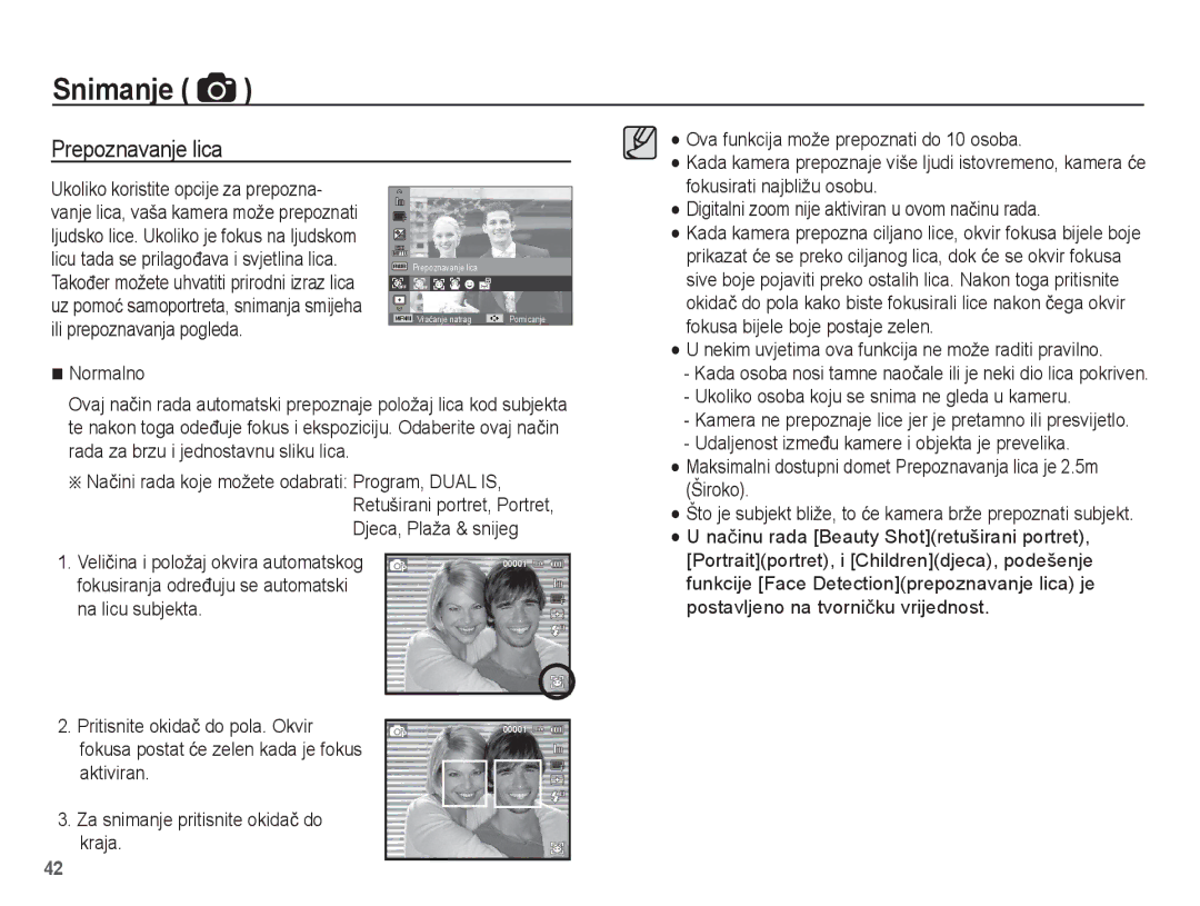 Samsung EC-PL80ZZBPSE3, EC-PL80ZZBPBE3, EC-PL80ZZBPLE3 manual Prepoznavanje lica 