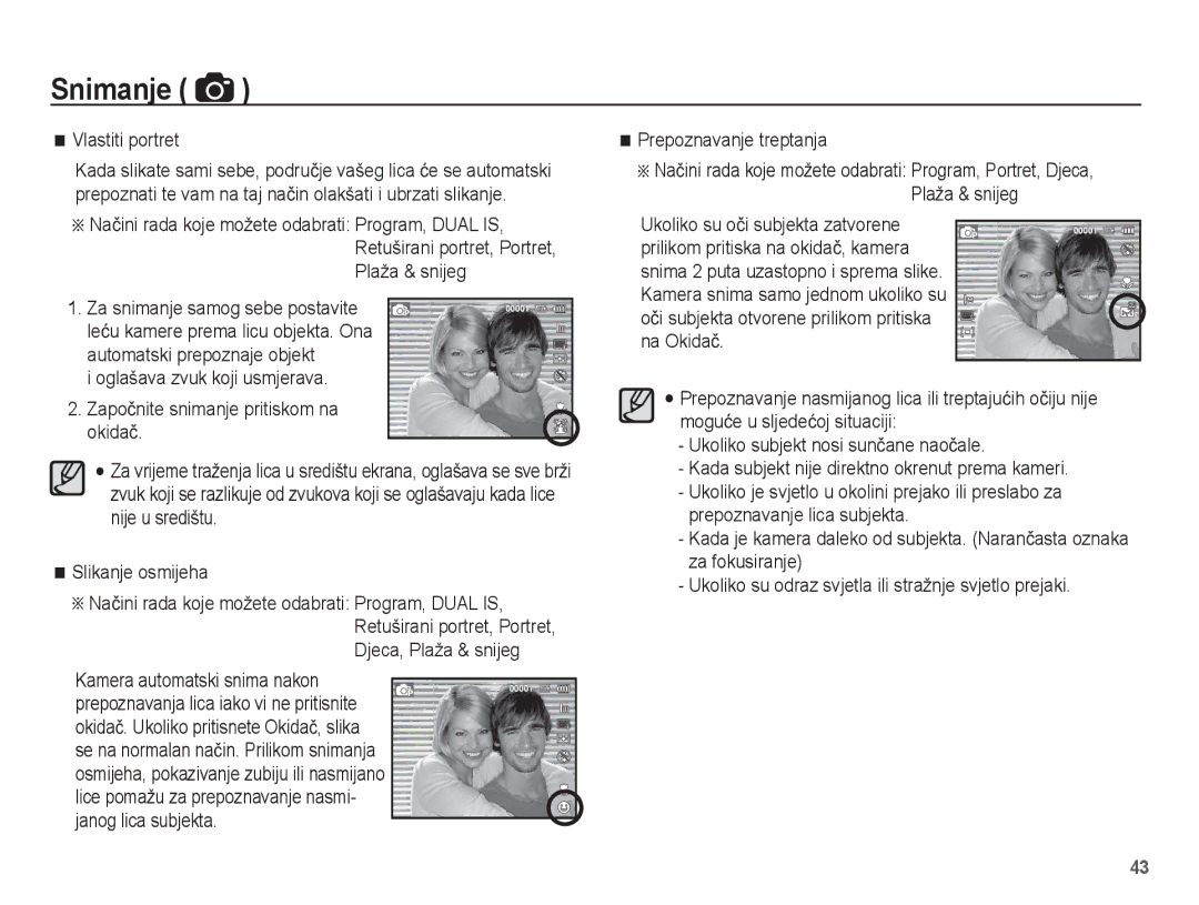 Samsung EC-PL80ZZBPLE3, EC-PL80ZZBPBE3, EC-PL80ZZBPSE3 manual Vlastiti portret, Slikanje osmijeha, Prepoznavanje treptanja 
