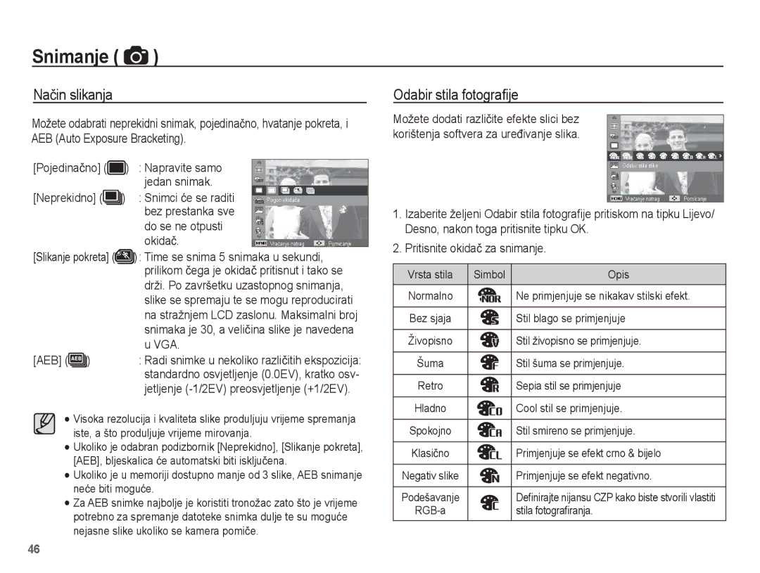 Samsung EC-PL80ZZBPLE3, EC-PL80ZZBPBE3, EC-PL80ZZBPSE3 manual Naþin slikanja, Odabir stila fotograﬁje 