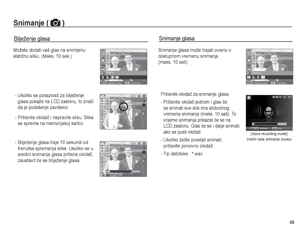 Samsung EC-PL80ZZBPLE3 manual Bilježenje glasa Snimanje glasa, Pritisnite okidaþ za snimanje glasa, Ako se pusti okidaþ 