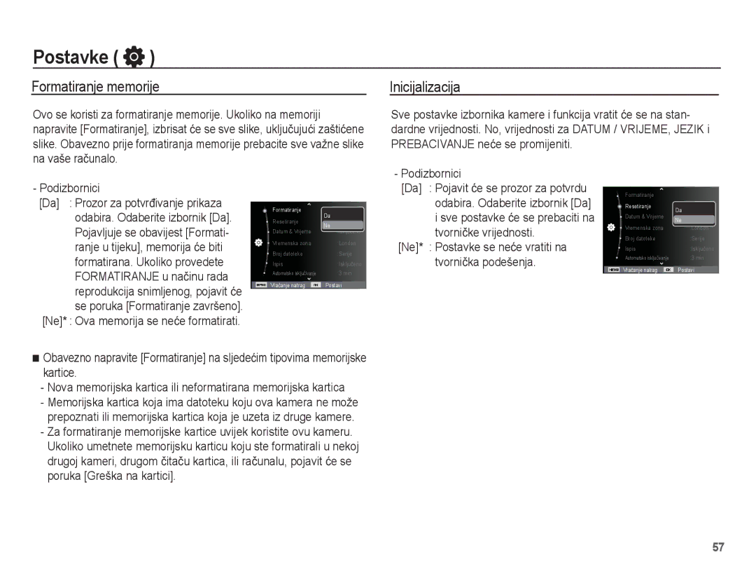 Samsung EC-PL80ZZBPSE3, EC-PL80ZZBPBE3, EC-PL80ZZBPLE3 manual Postavke, Formatiranje memorije Inicijalizacija 