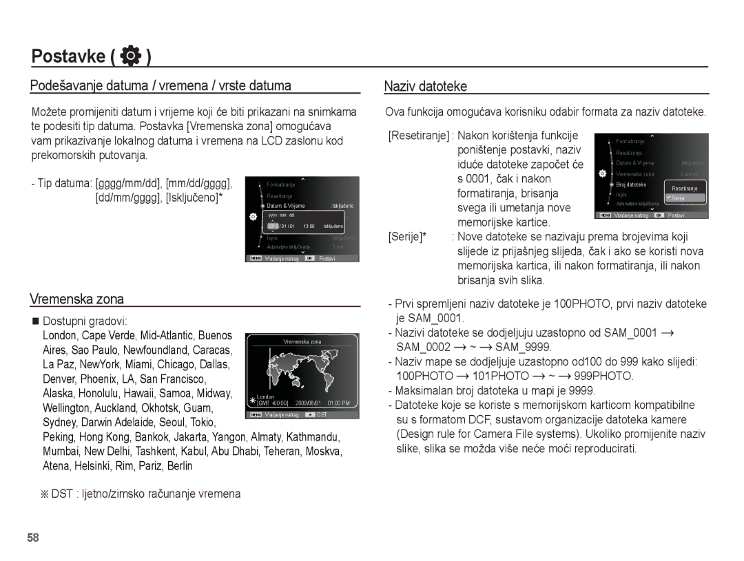 Samsung EC-PL80ZZBPLE3, EC-PL80ZZBPBE3 manual Podešavanje datuma / vremena / vrste datuma Naziv datoteke, Vremenska zona 