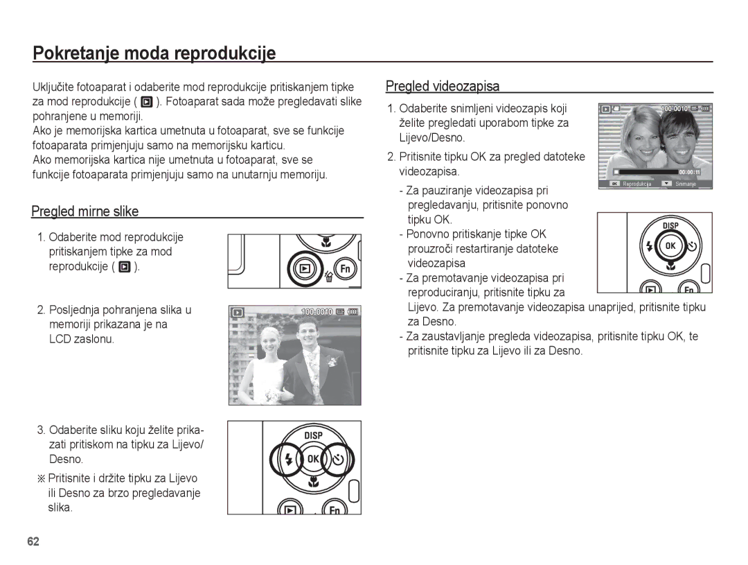 Samsung EC-PL80ZZBPBE3 manual Pokretanje moda reprodukcije, Pregled mirne slike, Pregled videozapisa, Desno, Slika 