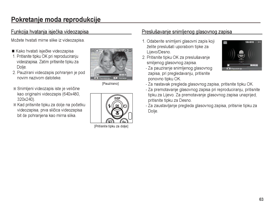 Samsung EC-PL80ZZBPSE3, EC-PL80ZZBPBE3 Funkcija hvatanja isjeþka videozapisa, Preslušavanje snimljenog glasovnog zapisa 