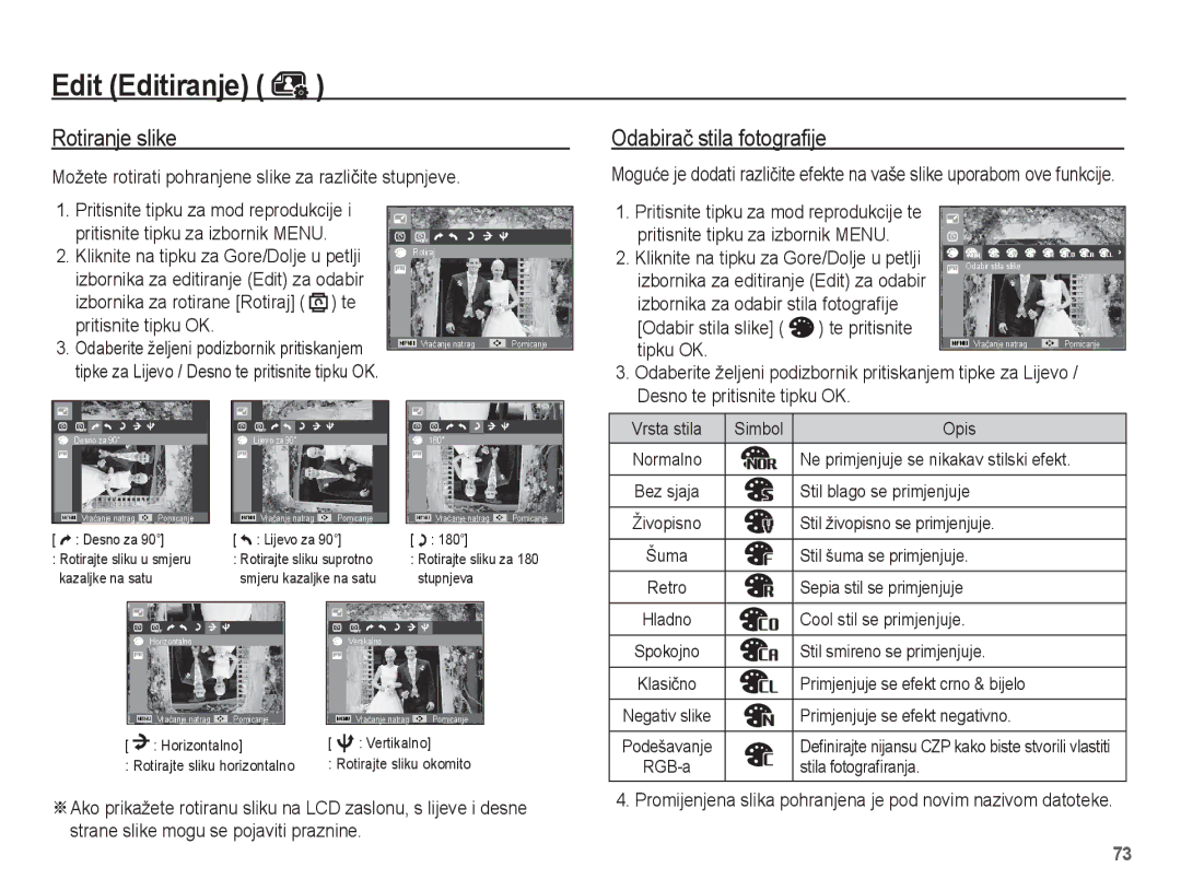 Samsung EC-PL80ZZBPLE3, EC-PL80ZZBPBE3, EC-PL80ZZBPSE3 manual Rotiranje slike, Odabiraþ stila fotografije 