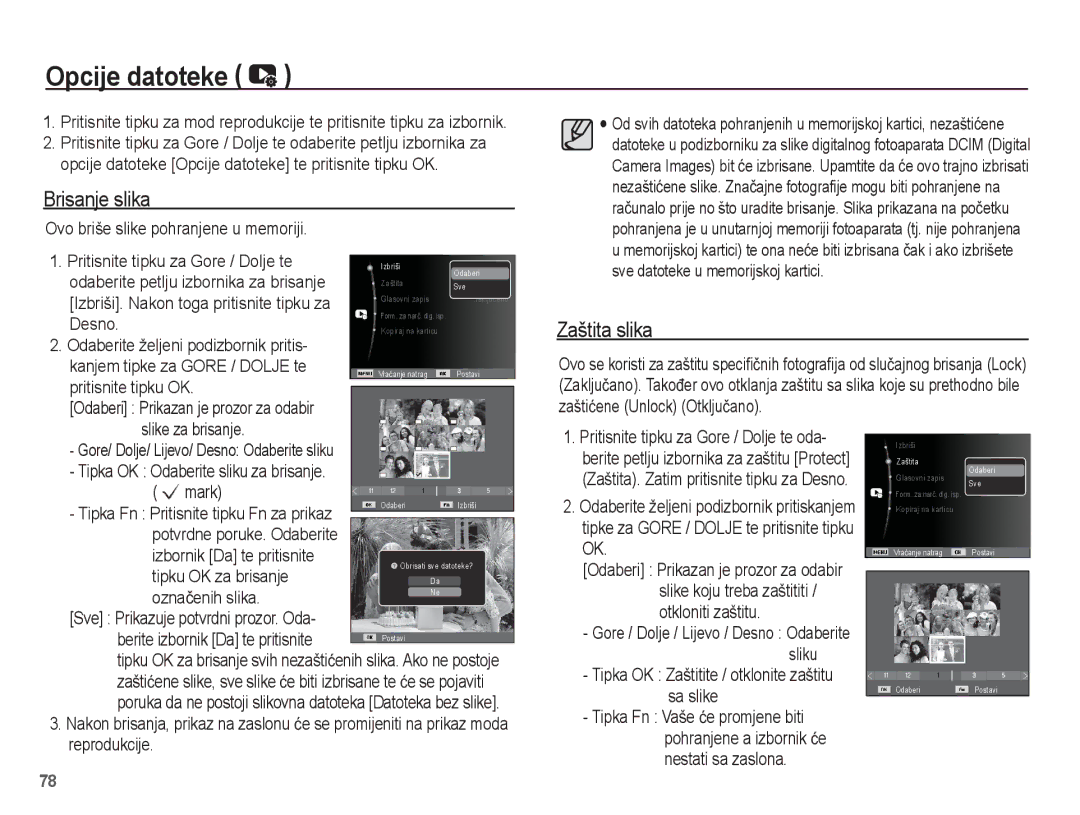 Samsung EC-PL80ZZBPSE3, EC-PL80ZZBPBE3, EC-PL80ZZBPLE3 manual Opcije datoteke, Brisanje slika, Zaštita slika 