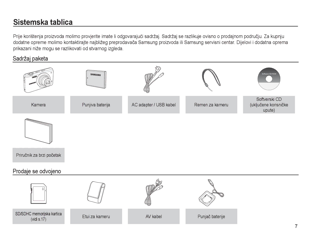 Samsung EC-PL80ZZBPLE3, EC-PL80ZZBPBE3 Sistemska tablica, Sadržaj paketa, Prodaje se odvojeno, Etui za kameru AV kabel 