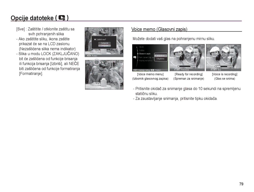 Samsung EC-PL80ZZBPLE3 manual Voice memo Glasovni zapis, Sve Zaštitite / otklonite zaštitu sa svih pohranjenih slika 