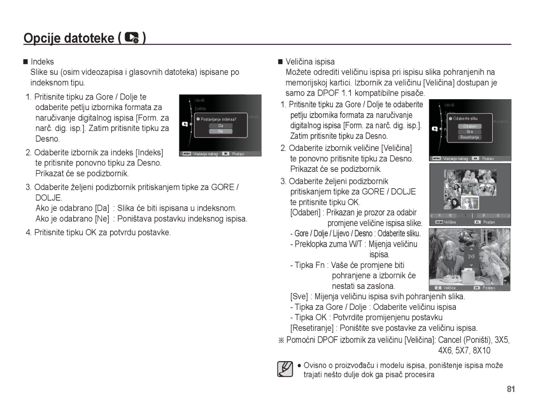 Samsung EC-PL80ZZBPSE3 manual Samo za Dpof 1.1 kompatibilne pisaþe, Zatim pritisnite tipku za Desno, Te pritisnite tipku OK 