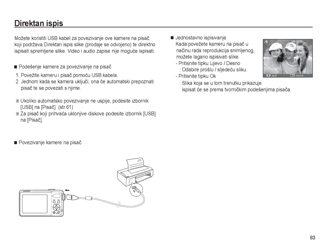 Samsung EC-PL80ZZBPBE3, EC-PL80ZZBPSE3 Direktan ispis, Podešenje kamere za povezivanje na pisaþ, Jednostavno ispisivanje 
