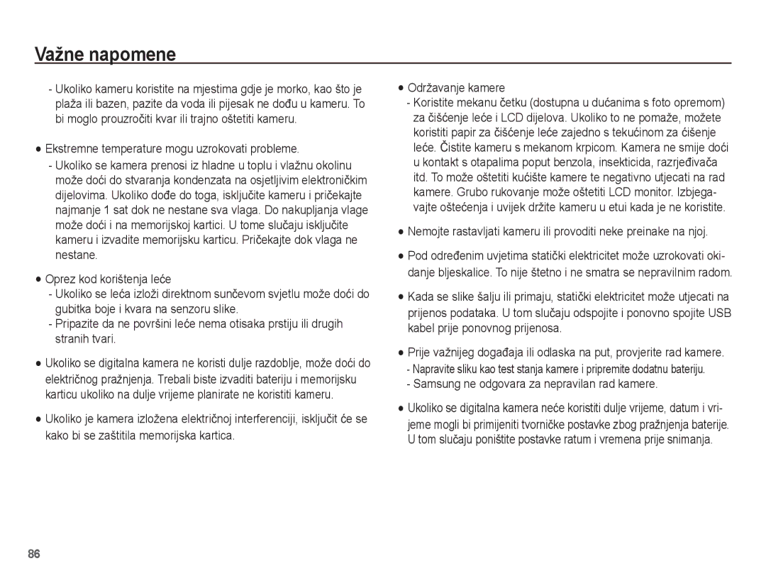 Samsung EC-PL80ZZBPBE3 manual Ekstremne temperature mogu uzrokovati probleme, Samsung ne odgovara za nepravilan rad kamere 