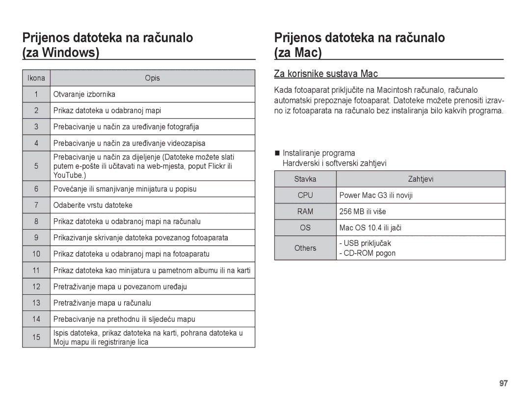 Samsung EC-PL80ZZBPLE3, EC-PL80ZZBPBE3, EC-PL80ZZBPSE3 manual Prijenos datoteka na raþunalo za Mac, Za korisnike sustava Mac 