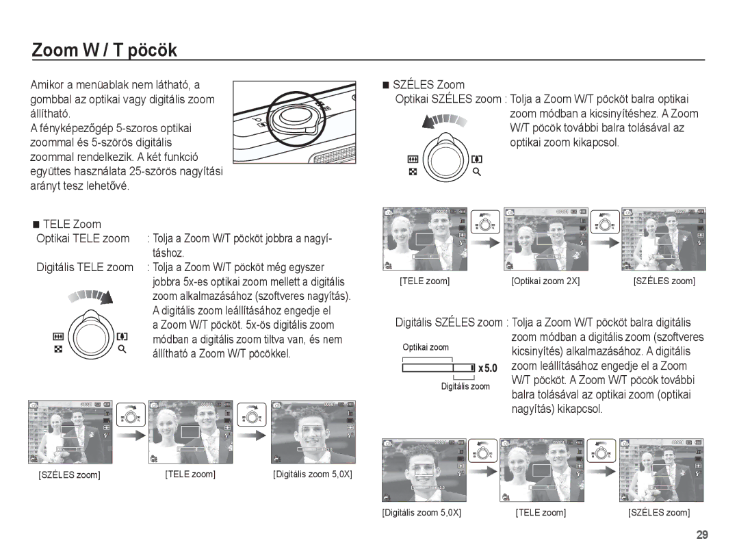 Samsung EC-PL80ZZBPSE3, EC-PL80ZZBPBIT manual Zoom W / T pöcök, Optikai Tele zoom, Táshoz, Állítható a Zoom W/T pöcökkel 