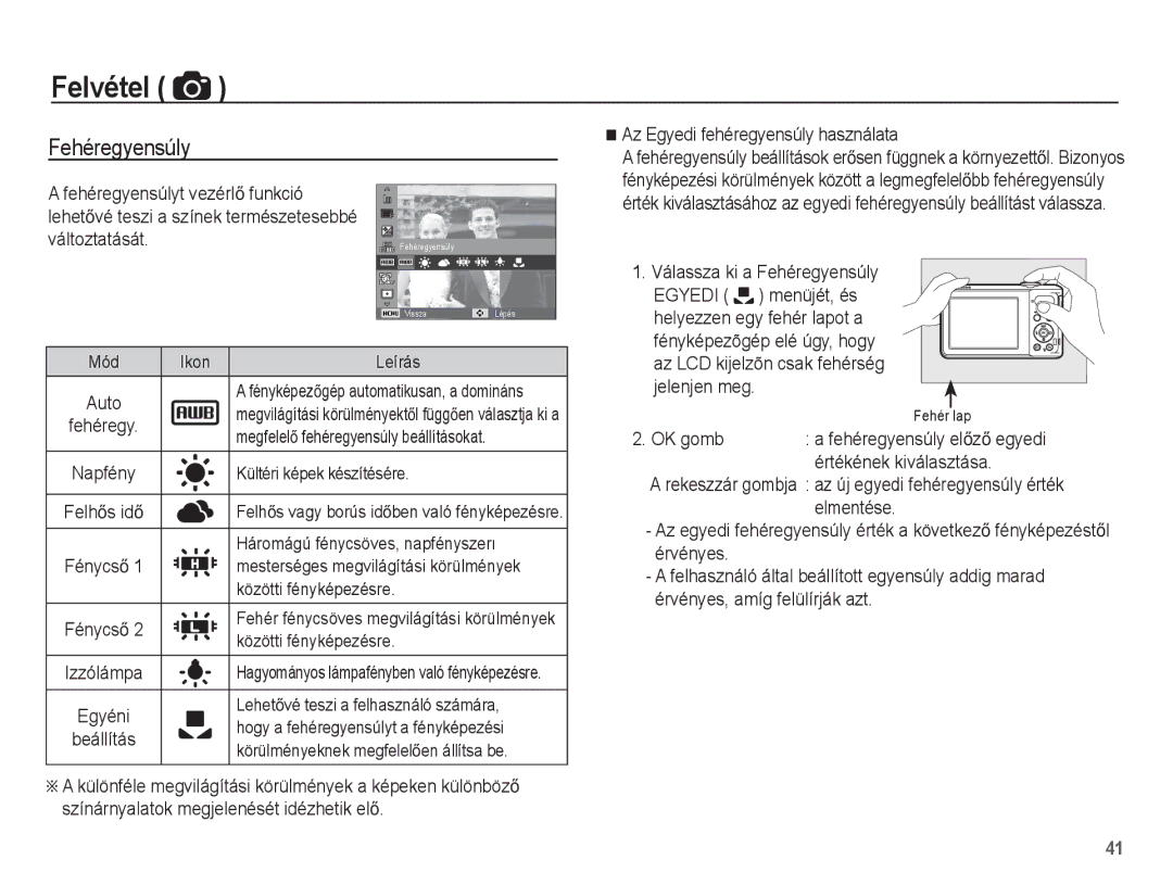 Samsung EC-PL80ZZBPBIT, EC-PL80ZZBPBE3 Fehéregyensúlyt vezérlĘ funkció, Az Egyedi fehéregyensúly használata, OK gomb 