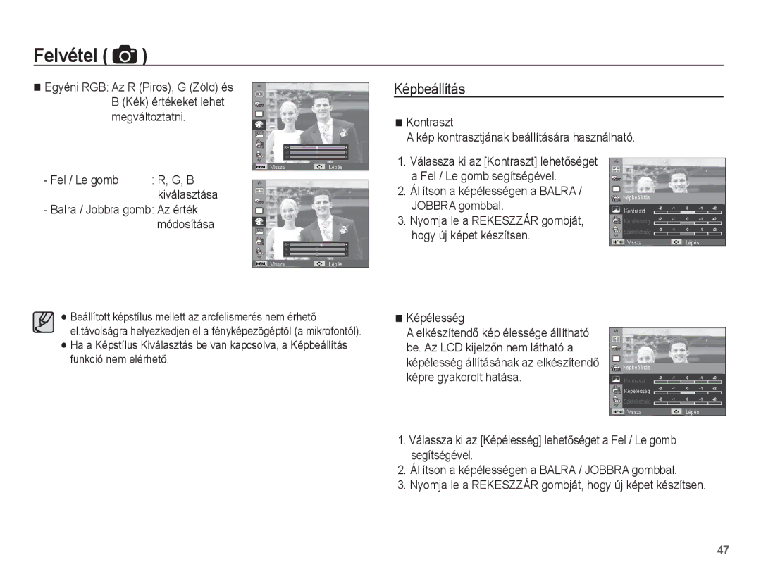 Samsung EC-PL80ZZBPLE2, EC-PL80ZZBPBIT manual Képbeállítás, Állítson a képélességen a Balra / Jobbra gombbal, Képélesség 