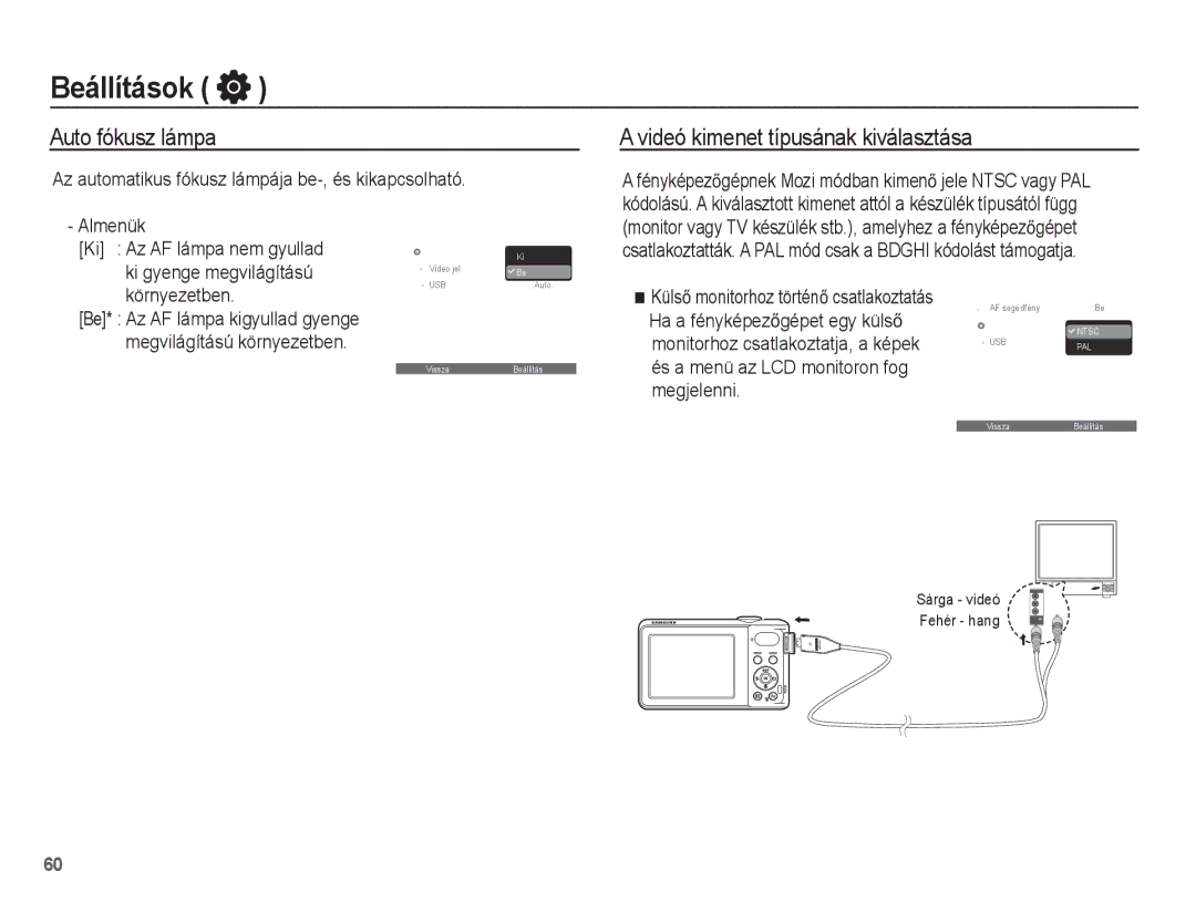 Samsung EC-PL80ZZBPBE2, EC-PL80ZZBPBIT manual Auto fókusz lámpa, Videó kimenet típusának kiválasztása, Környezetben 