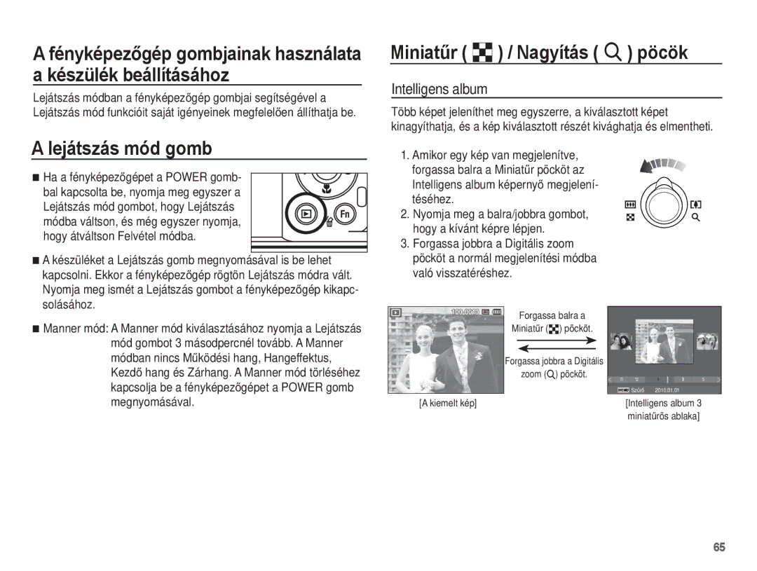 Samsung EC-PL80ZZBPLE3, EC-PL80ZZBPBIT, EC-PL80ZZBPBE3 Lejátszás mód gomb, MiniatĦr º / Nagyítás í pöcök, Intelligens album 