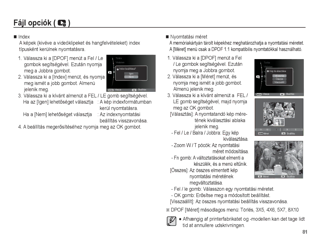 Samsung EC-PL80ZZBPBE2 Index, Meg a Jobbra gombot, Jelenik meg, Kerül nyomtatásra, Az indexnyomtatási, Almenü jelenik meg 