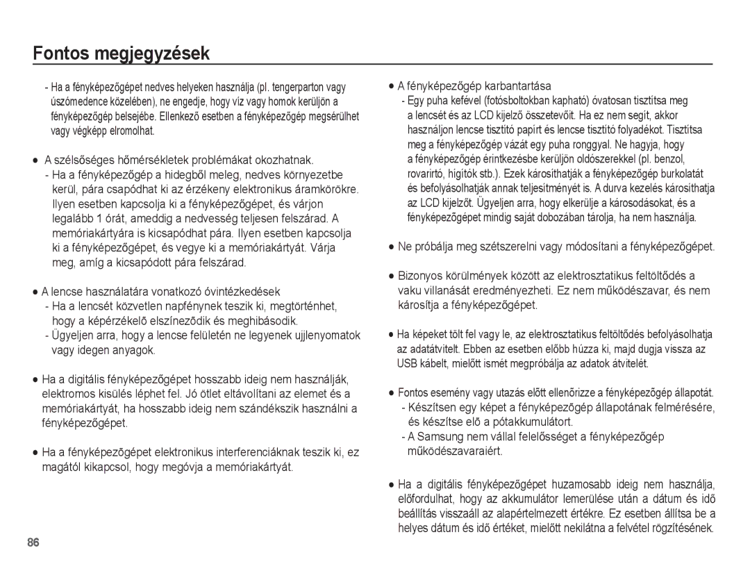 Samsung EC-PL80ZZBPLE3 SzélsĘséges hĘmérsékletek problémákat okozhatnak, Lencse használatára vonatkozó óvintézkedések 