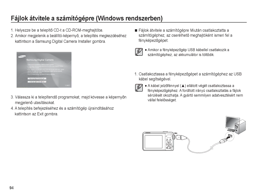 Samsung EC-PL80ZZBPRE3, EC-PL80ZZBPBIT, EC-PL80ZZBPBE3, EC-PL80ZZBPSE3 manual Helyezze be a telepítĘ CD-t a CD-ROM-meghajtóba 