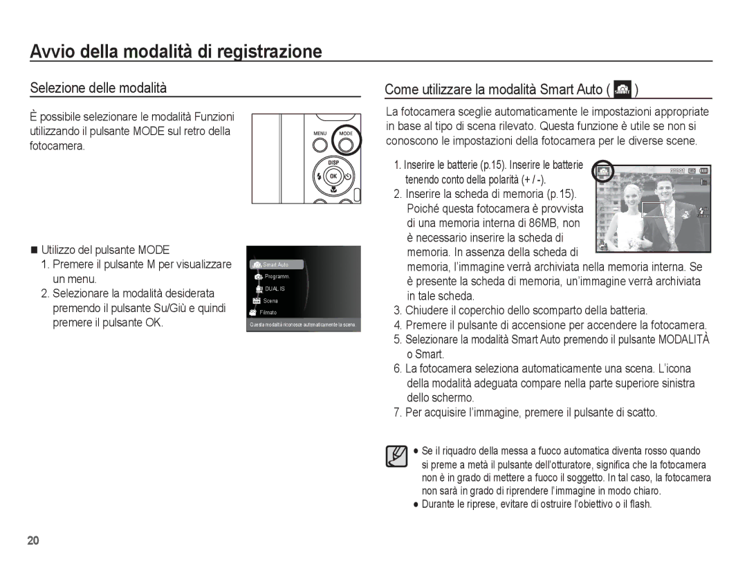 Samsung EC-PL80ZZBPSIT manual Avvio della modalità di registrazione, Inserire le batterie p.15. Inserire le batterie 