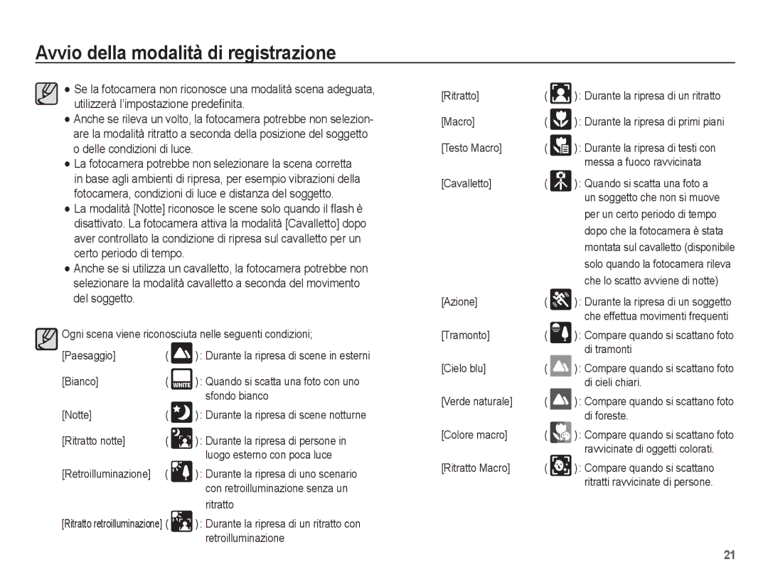 Samsung EC-PL80ZZBPLIT manual Bianco, Sfondo bianco, Notte, Ritratto notte, Luogo esterno con poca luce, Retroilluminazione 