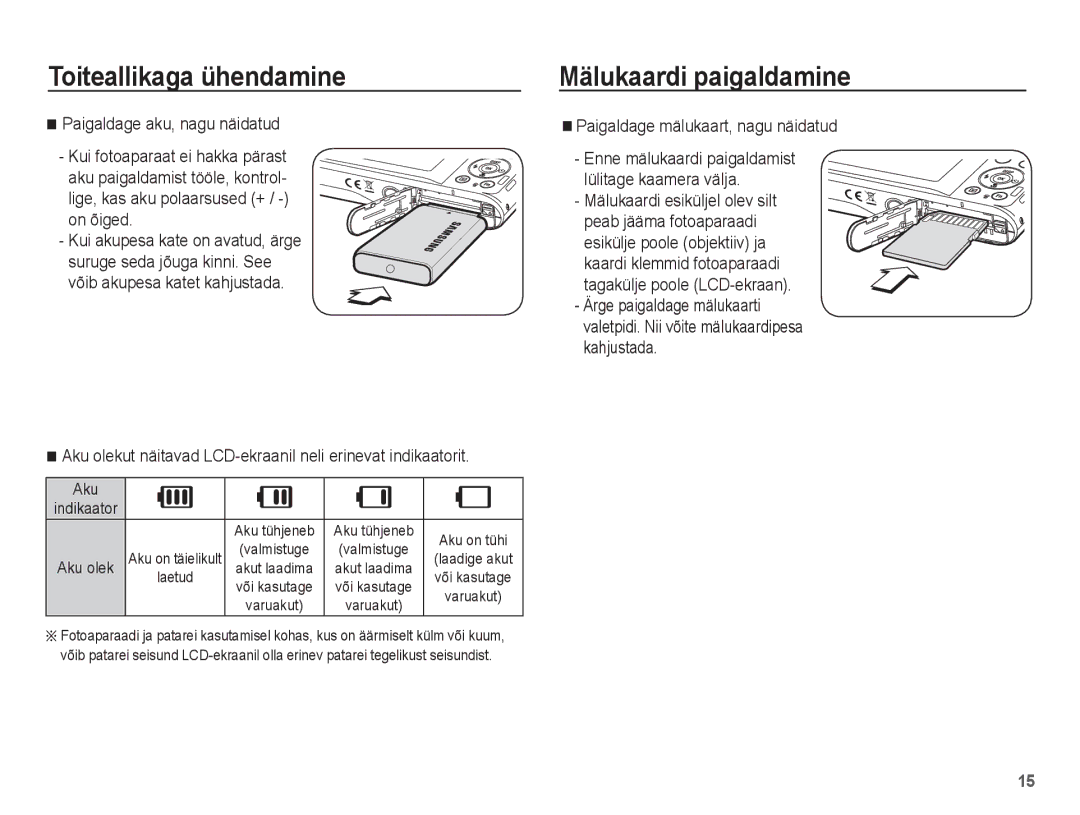 Samsung EC-PL80ZZBPSRU manual Mälukaardi paigaldamine, Aku olekut näitavad LCD-ekraanil neli erinevat indikaatorit 