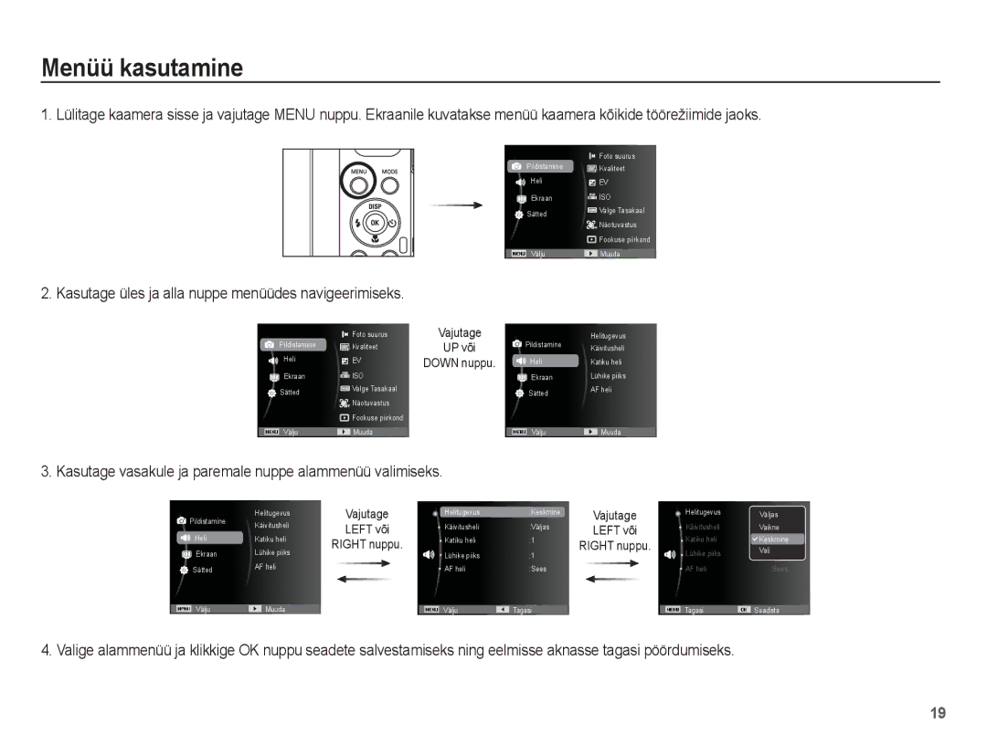 Samsung EC-PL80ZZBPSRU, EC-PL80ZZBPBRU manual Menüü kasutamine, Kasutage üles ja alla nuppe menüüdes navigeerimiseks 