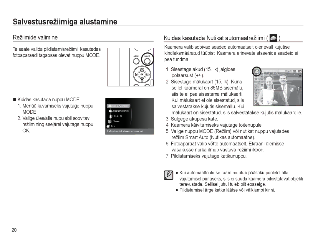 Samsung EC-PL80ZZBPBRU manual Salvestusrežiimiga alustamine, Režiimide valimine Kuidas kasutada Nutikat automaatrežiimi 