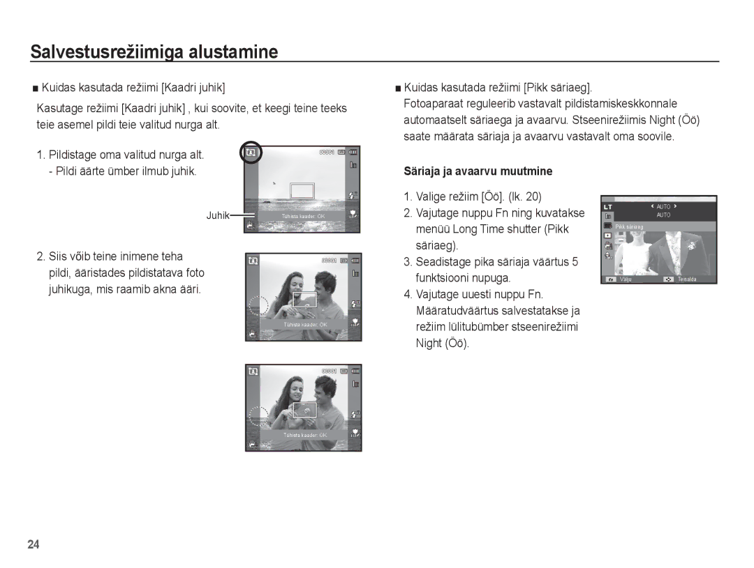 Samsung EC-PL80ZZBPBRU manual Valige režiim Öö. lk, Säriaeg, Funktsiooni nupuga, Vajutage uuesti nuppu Fn, Night Öö 