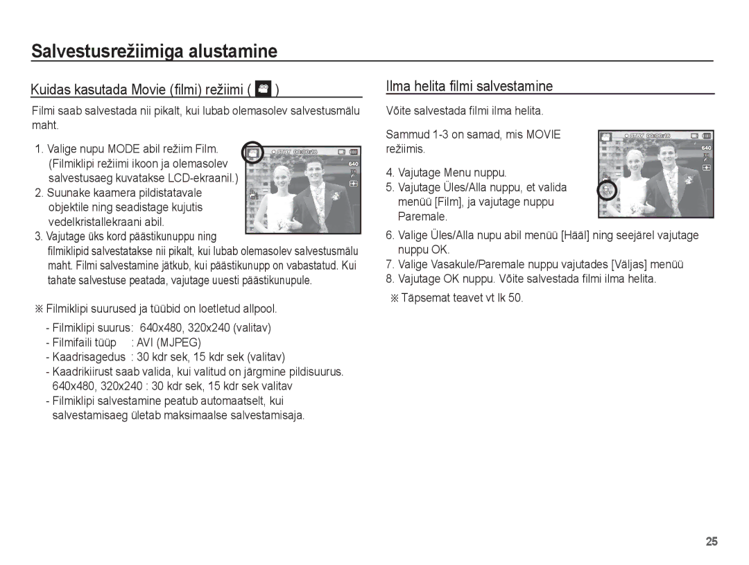Samsung EC-PL80ZZBPSRU, EC-PL80ZZBPBRU manual Kuidas kasutada Movie ﬁlmi režiimi, Ilma helita ﬁlmi salvestamine 