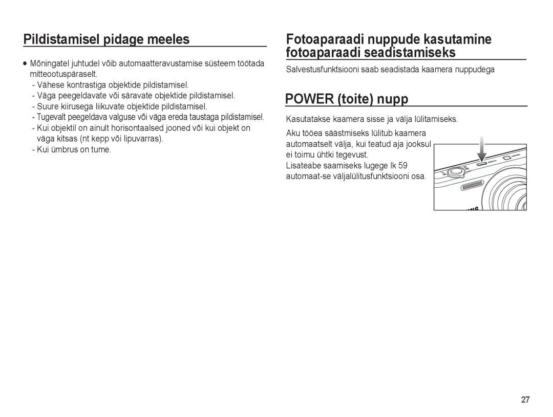 Samsung EC-PL80ZZBPSRU, EC-PL80ZZBPBRU manual Power toite nupp, Salvestusfunktsiooni saab seadistada kaamera nuppudega 