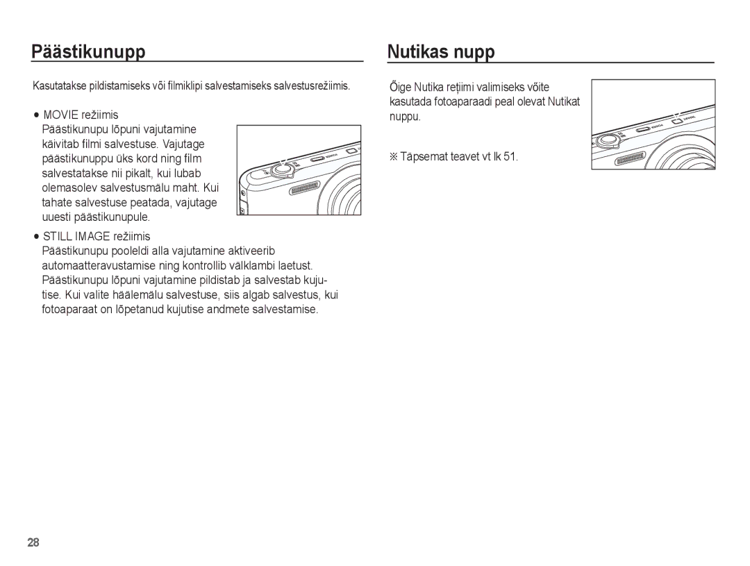 Samsung EC-PL80ZZBPBRU manual Päästikunupp, Nutikas nupp, Movie režiimis, Uuesti päästikunupule Still Image režiimis 