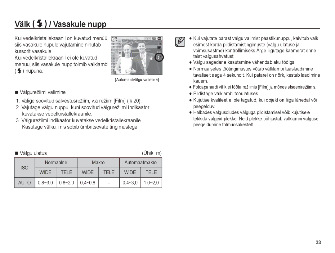 Samsung EC-PL80ZZBPSRU manual Välk / Vasakule nupp, Välgu ulatus, Normaalne Makro Automaatmakro, Auto 0,8~3,0 ~2,0 ~0,8 