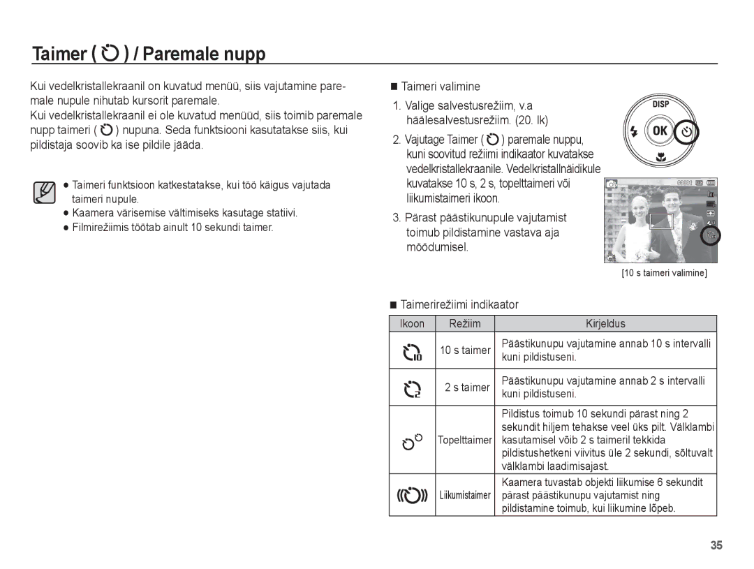 Samsung EC-PL80ZZBPSRU, EC-PL80ZZBPBRU manual Taimer / Paremale nupp 