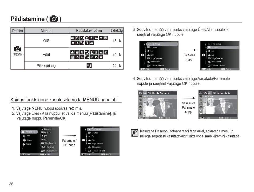 Samsung EC-PL80ZZBPBRU manual Kuidas funktsioone kasutusele vĘtta Menüü nupu abil, Vajutage Menu nuppu sobivas režiimis 