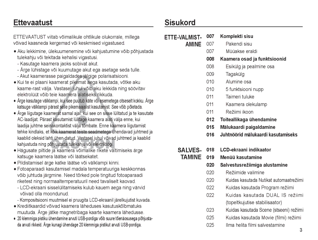 Samsung EC-PL80ZZBPSRU, EC-PL80ZZBPBRU manual Ettevaatust Sisukord, Pakendi sisu 007 Müüakse eraldi, 020 Režiimide valimine 