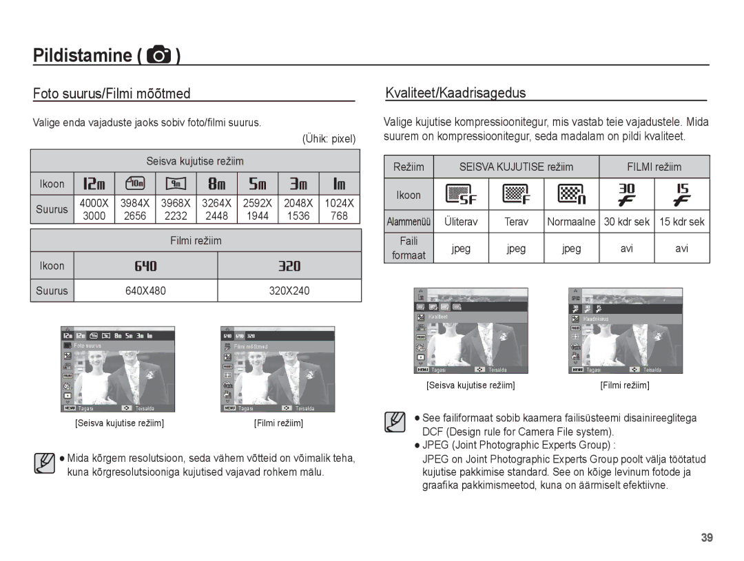 Samsung EC-PL80ZZBPSRU, EC-PL80ZZBPBRU manual Foto suurus/Filmi mõõtmed, Kvaliteet/Kaadrisagedus 