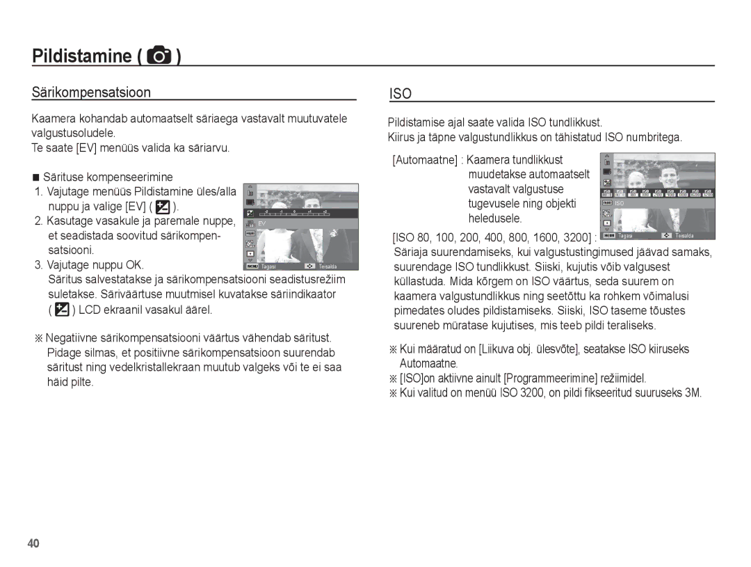 Samsung EC-PL80ZZBPBRU Särikompensatsioon, Et seadistada soovitud särikompen Satsiooni, Heledusele, Vajutage nuppu OK 