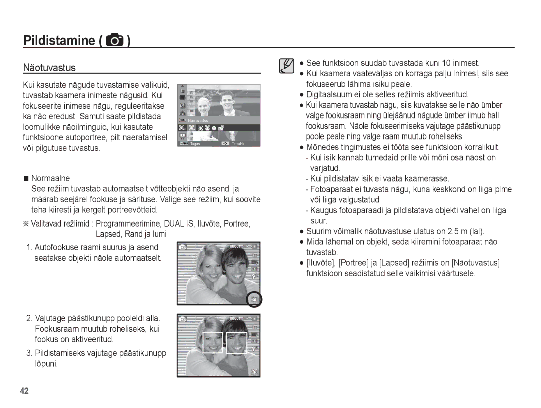 Samsung EC-PL80ZZBPBRU, EC-PL80ZZBPSRU manual Näotuvastus, See funktsioon suudab tuvastada kuni 10 inimest 