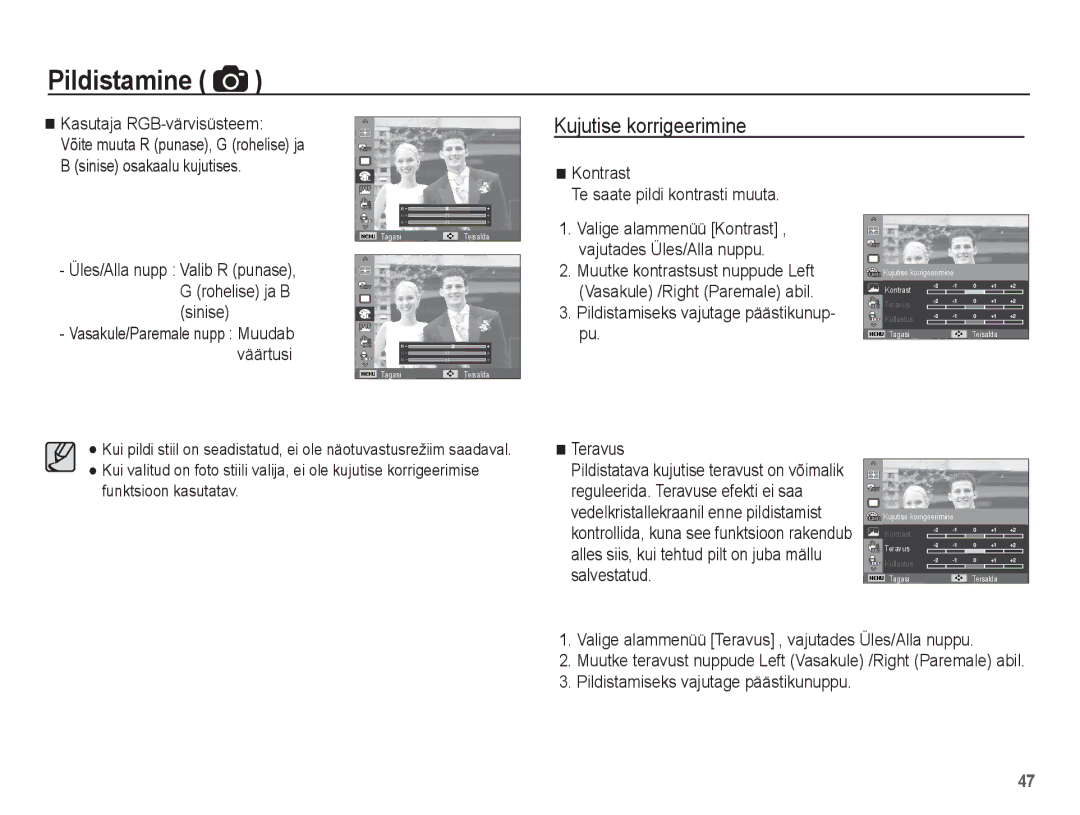 Samsung EC-PL80ZZBPSRU manual Kujutise korrigeerimine, Kasutaja RGB-värvisüsteem, Kontrast Te saate pildi kontrasti muuta 