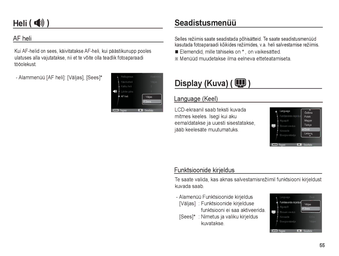 Samsung EC-PL80ZZBPSRU, EC-PL80ZZBPBRU manual Seadistusmenüü, Display Kuva, AF heli, Language Keel, Funktsioonide kirjeldus 