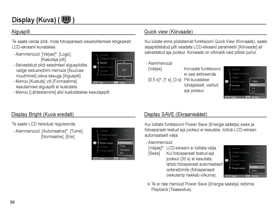 Samsung EC-PL80ZZBPBRU manual Alguspilt, Quick view Kiirvaade, Display Bright Kuva eredalt Display Save Ekraanisääst 