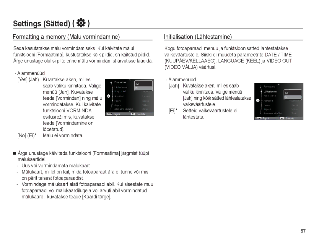 Samsung EC-PL80ZZBPSRU, EC-PL80ZZBPBRU Settings Sätted, Formatting a memory Mälu vormindamine, Initialisation Lähtestamine 