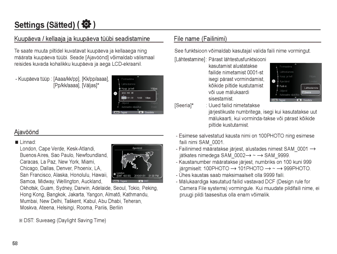 Samsung EC-PL80ZZBPBRU, EC-PL80ZZBPSRU Kuupäeva / kellaaja ja kuupäeva tüübi seadistamine, Ajavöönd, File name Failinimi 