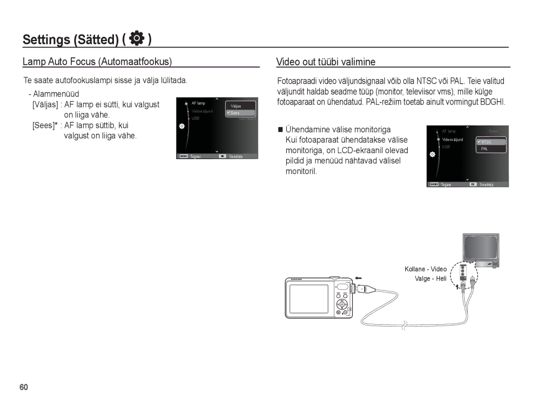 Samsung EC-PL80ZZBPBRU manual Lamp Auto Focus Automaatfookus Video out tüübi valimine, Ühendamine välise monitoriga 