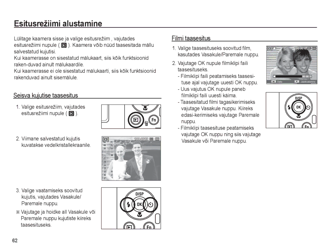 Samsung EC-PL80ZZBPBRU, EC-PL80ZZBPSRU manual Esitusrežiimi alustamine, Filmi taasesitus, Seisva kujutise taasesitus 