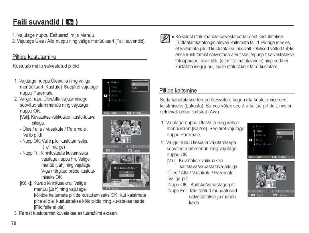 Samsung EC-PL80ZZBPBRU, EC-PL80ZZBPSRU manual Faili suvandid, Piltide kustutamine, Piltide kaitsmine, Nuppu Paremale, Ëmärge 